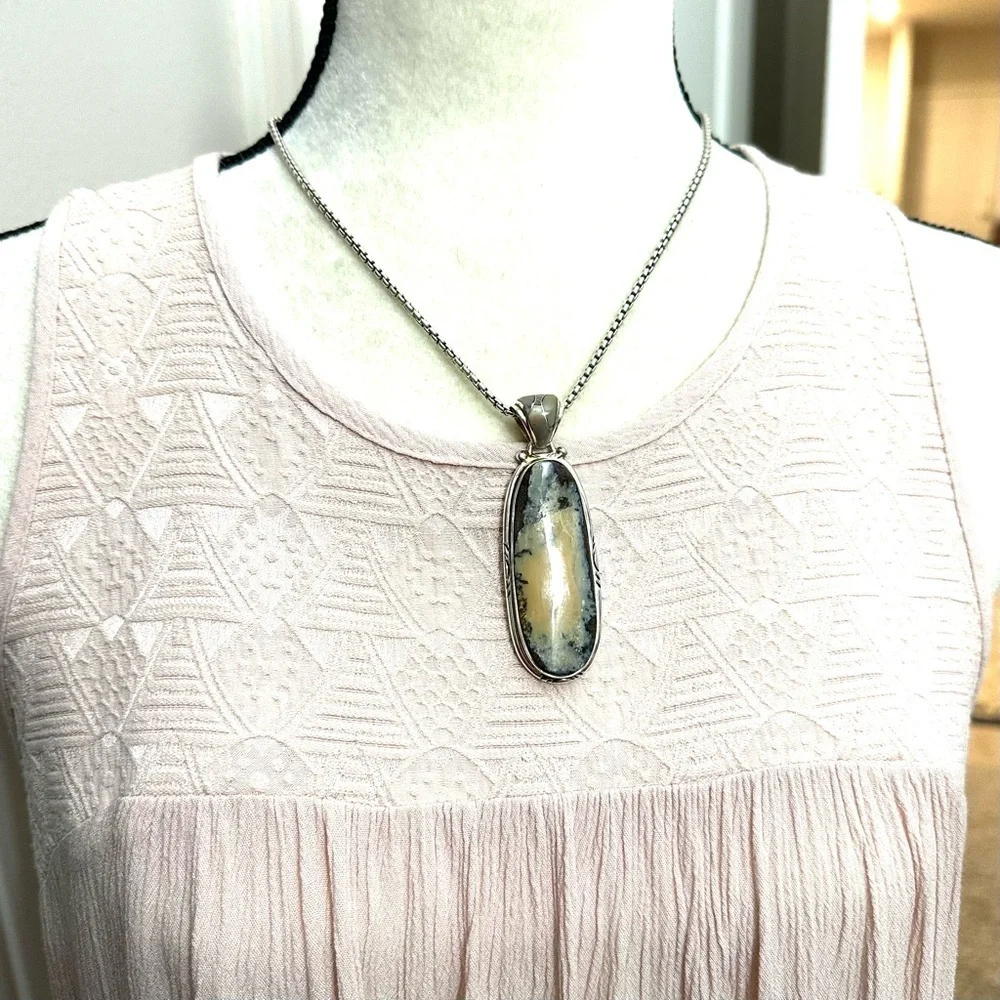 Samson Sam Kee Native American Navajo Honey Moss Agate Sterling Silver Pendant